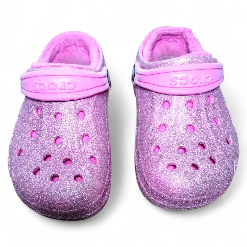 Crocs Classic Lined Glitter Clog Pink Fuzzy Slippers Shoes Toddler Kids C 11